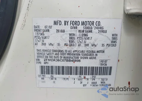 2007 Ford Edge Se from USA, damaged, VIN 2FMDK36C07BB45896